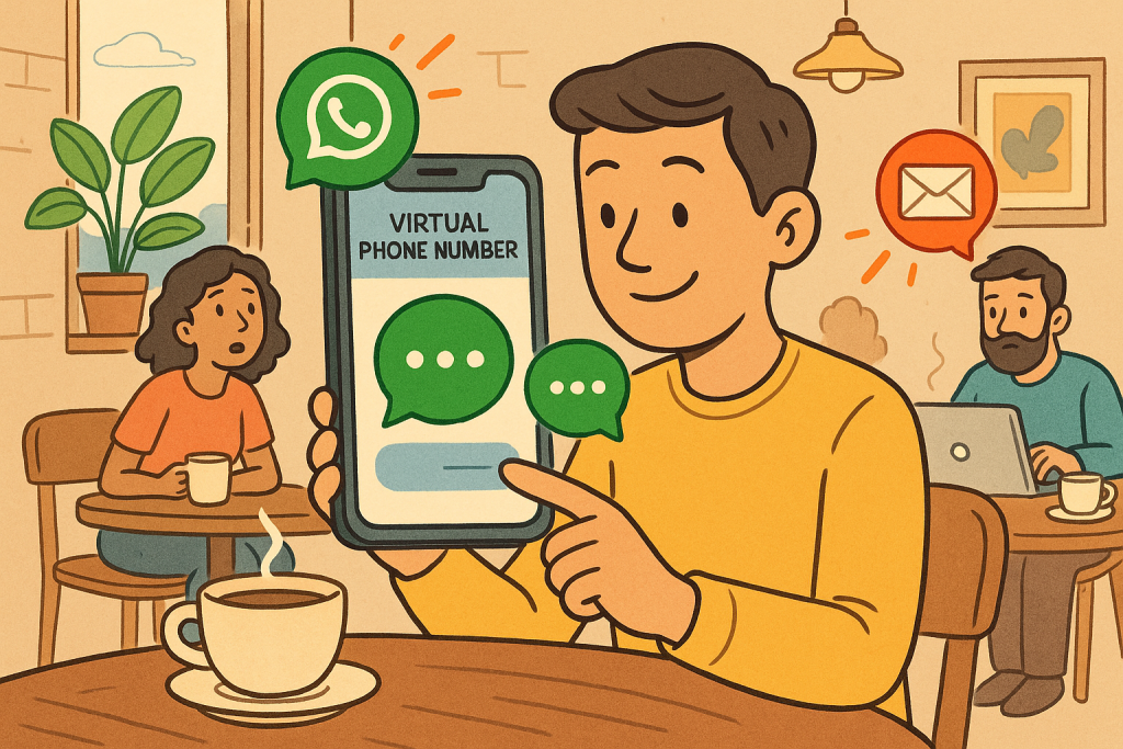 Illustration of virtual phone number concept on screen in a coffee shop setting setting, with a creative mood.
