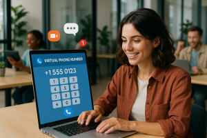 Illustration of virtual phone number concept on screen in a modern workspace setting, with a creative mood.