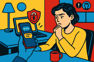 Illustration of smartphone with messaging apps open in a home office desk setting, with a focused mood.