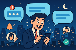 Illustration of user texting with multiple chat bubbles in a city skyline at night setting, with a creative mood.