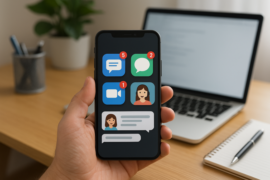 Illustration of smartphone with messaging apps open in a home office desk setting, with a creative mood.