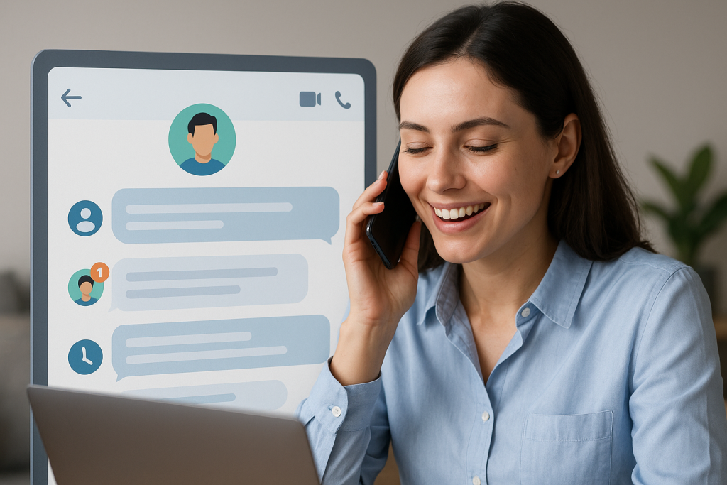 Illustration of private conversation interface demo in a minimal app interface setting, with a relaxed mood.