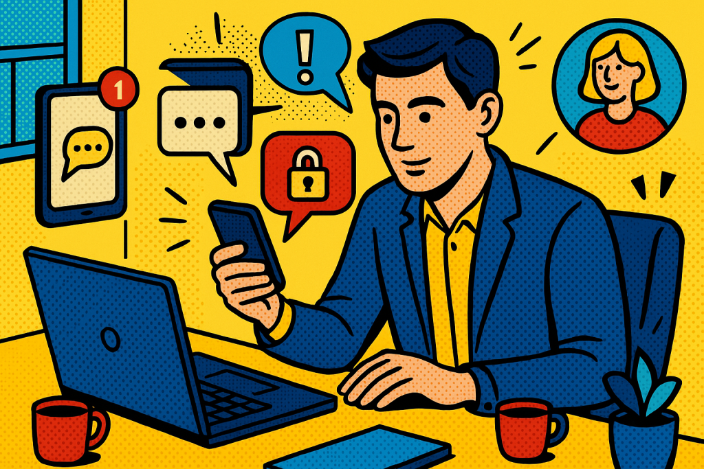 Illustration of person managing messages from devices in a modern workspace setting, with a creative mood.