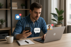 Illustration of person managing messages from devices in a home office desk setting, with a focused mood.