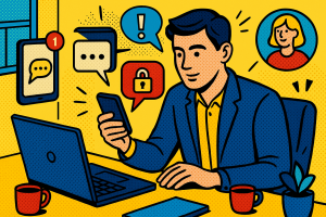 Illustration of person managing messages from devices in a modern workspace setting, with a creative mood.